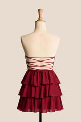 Burgundy Chiffon Tiered Short Dress