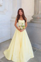 Appliques Royal Blue A-line Satin Prom Dress