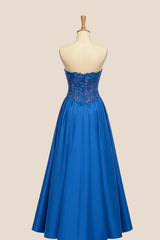 Appliques Royal Blue A-line Satin Prom Dress