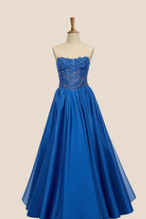 Appliques Royal Blue A-line Satin Prom Dress