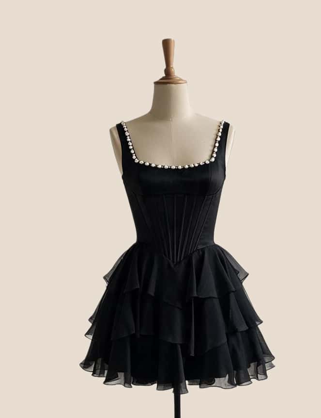 Black Square Neck Ruffle A-line Short Dress