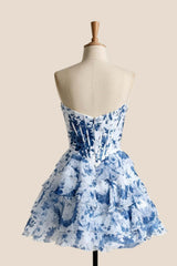 Blue Floral Beaded A-line Short Tiered Dress