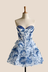Blue Floral Beaded A-line Short Tiered Dress