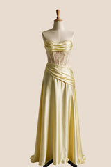 Black Satin Sheer Ruched Long Prom Dress