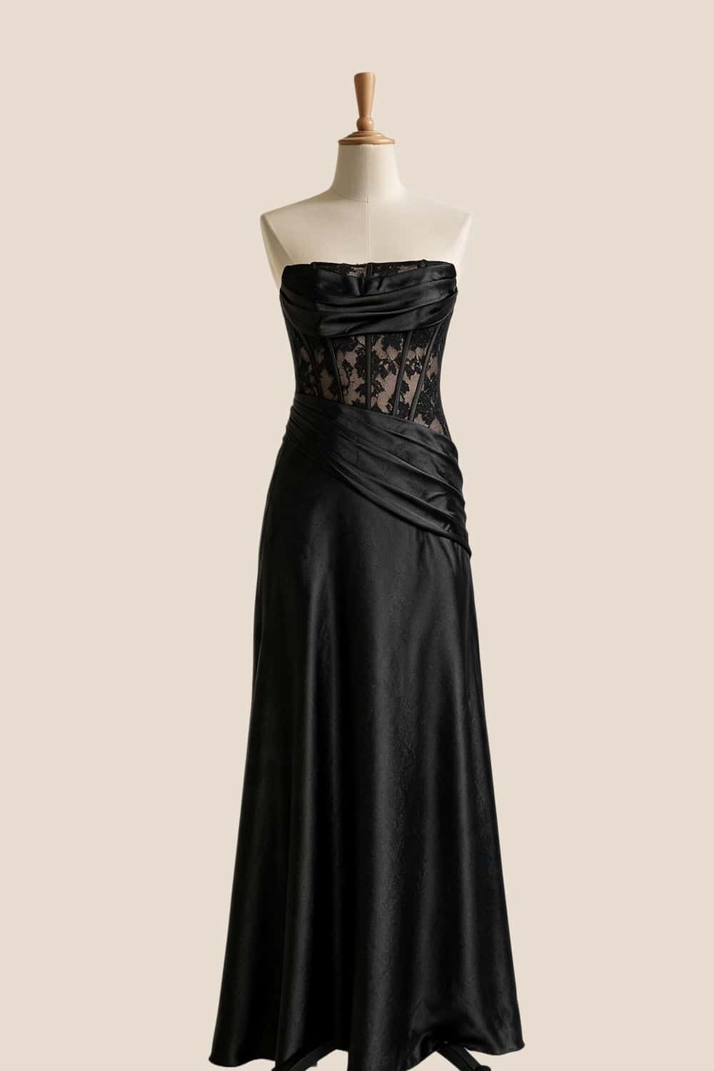Black Satin Sheer Ruched Long Prom Dress
