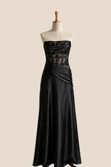 Black Satin Sheer Ruched Long Prom Dress