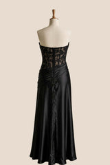 Black Satin Sheer Ruched Long Prom Dress
