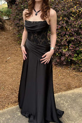 Black Satin Sheer Ruched Long Prom Dress