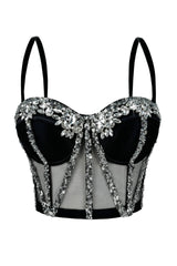 Apricot Yellow Rhinestone Mesh Corset Top
