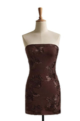 Brown Strapless Embroidered Tight Dress