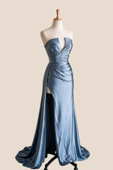 Blue Ruched Satin Fitted Long Formal Dress