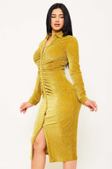 Textured Fabric Button Up Front Midi Shirt Dress