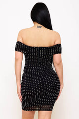 Square Rhinestone On Power Mesh Off The Shoulder Midi Dress
