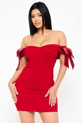 Symphony Dress - Satin Bow On Sleeve Off The Shoulder Mini Dress