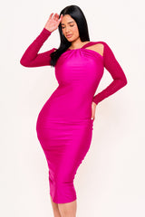 Rhinestone On Mesh Sleeve Satin Midi Dress
