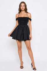 Symphony Dress - Floral Jacquard Open Shoulder Mini Dress