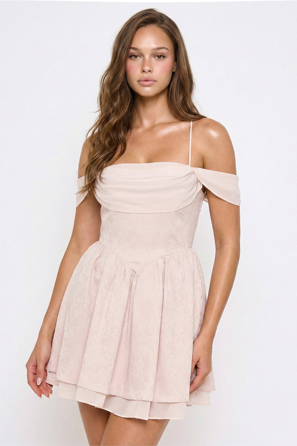 Symphony Dress - Floral Jacquard Open Shoulder Mini Dress