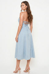 Denim Flower Patterned Halter Neck Midi Dress
