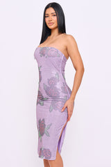 Rose Pattern Rhinestone Tube Top Midi Dress