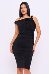Glitter One-Shoulder Ruched Midi Dress