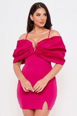 Oversized Satin Bow Off The Shoulder Mini Dress