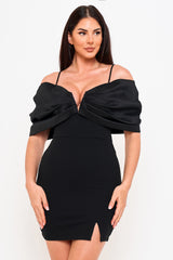 Oversized Satin Bow Off The Shoulder Mini Dress