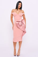Satin Fabric Flower On The Side Midi Dress