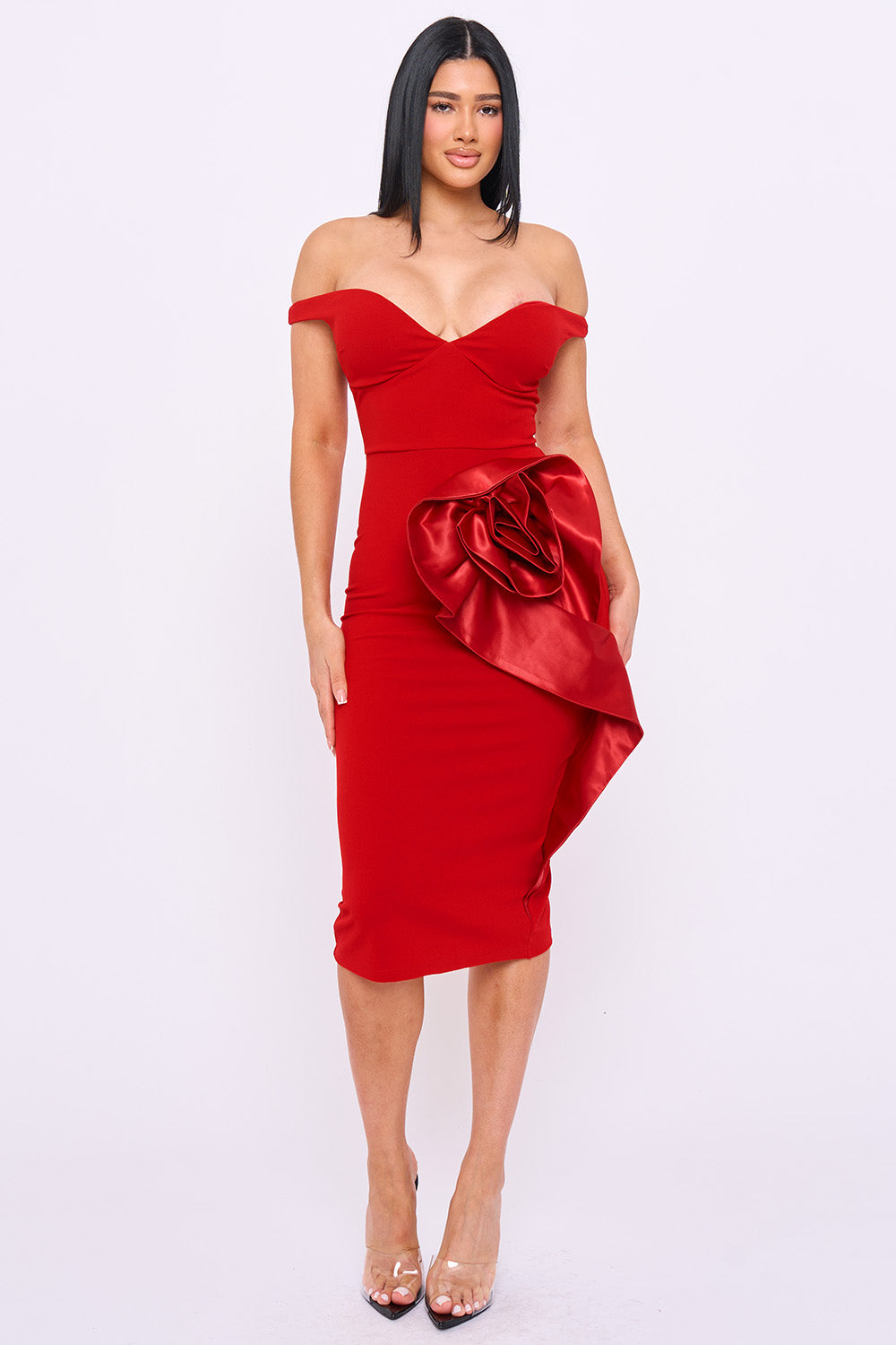 Satin Fabric Flower On The Side Midi Dress
