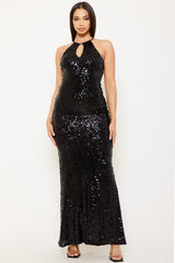 Sequin Halter Neck Mermaid Maxi Dress
