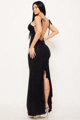 Glitter Power Mesh Ruffle Back Maxi Dress