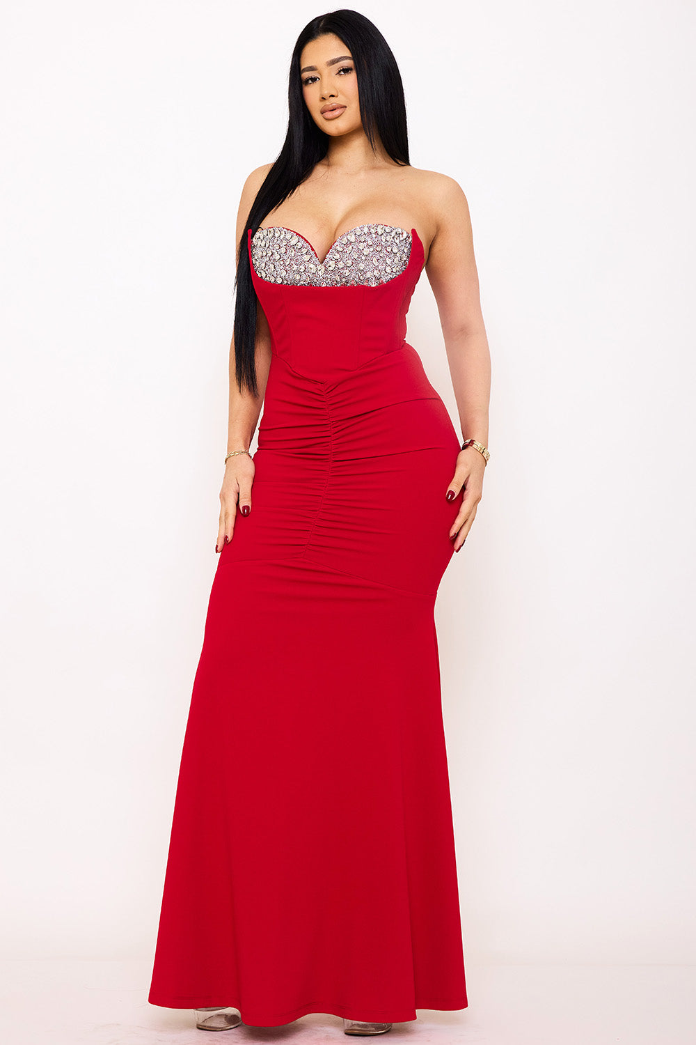 Multi Shape Rhinestone On Bust Mermaid Maxi Dress