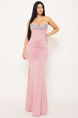 Multi Shape Rhinestone On Bust Mermaid Maxi Dress