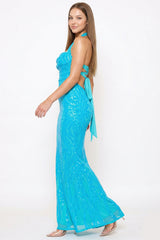 Patterned Sequin Mermaid Halter Top Maxi Dress