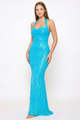 Symphony Dress - Patterned Sequin Mermaid Halter Top Maxi Dress