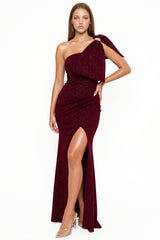 Symphony Dress - Glitter With One Shoulder Oversized Bow On Sleeve Maxi Dress