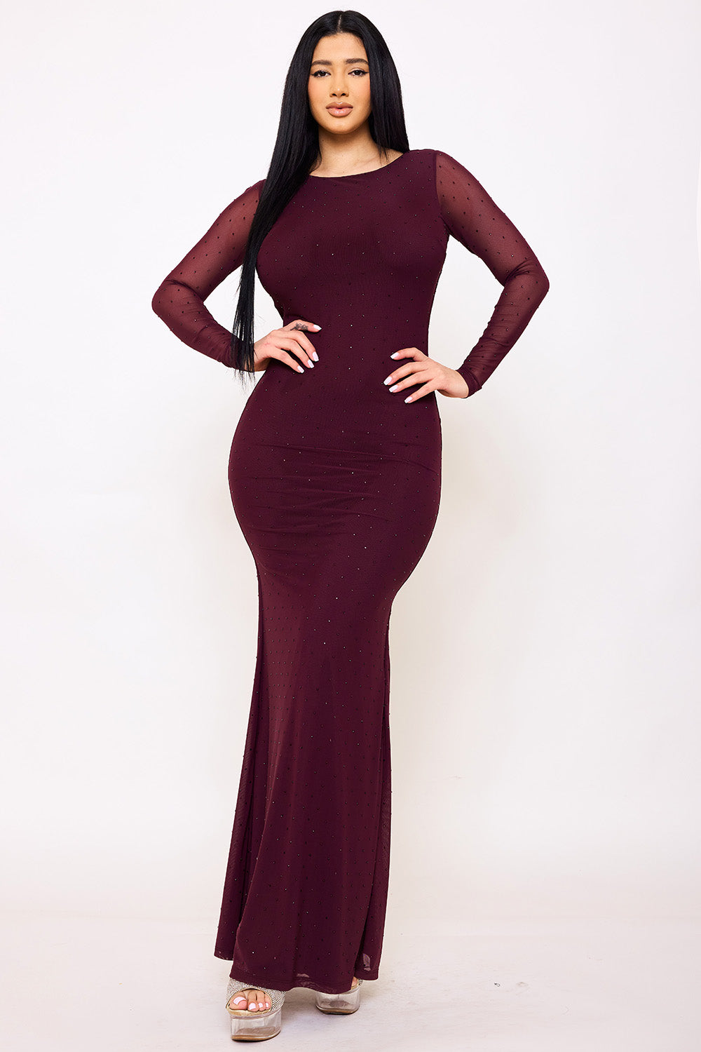 Rhinestone On Power Mesh Open Back Maxi Dress
