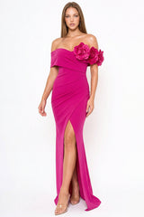 Symphony Dress - Flower Corsage On One Side Off The Shoulder Maxi Dress