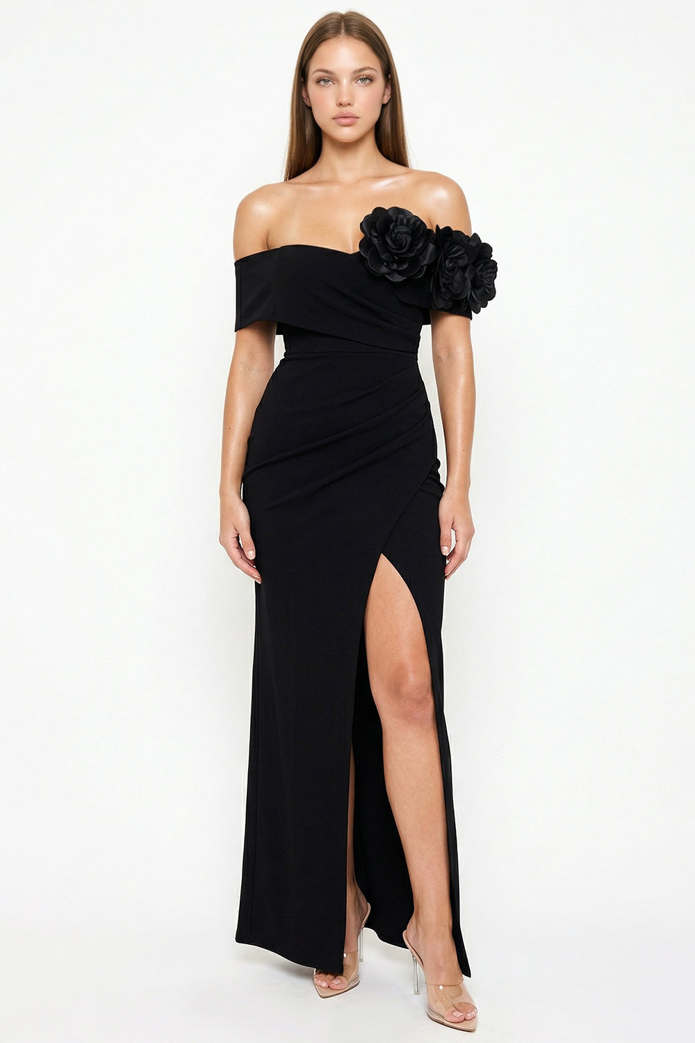 Flower Corsage On One Side Off The Shoulder Maxi Dress
