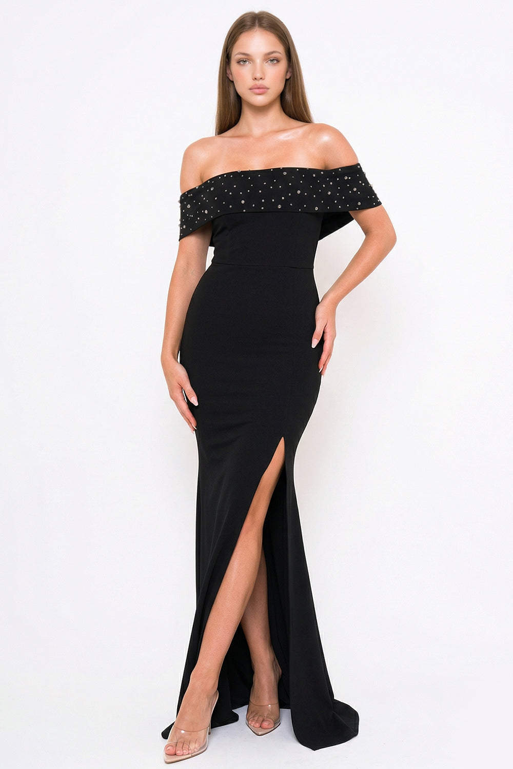 Pearl Beaded Detail Off The Shoulder Mermaid Maxi Dress