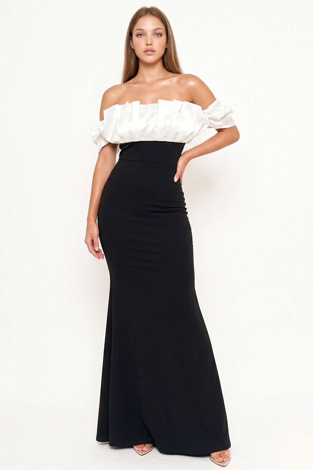 Satin Ruffle And Techno Crepe Contrast Maxi Dress