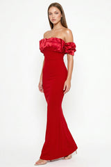 Satin Ruffle And Techno Crepe Contrast Maxi Dress