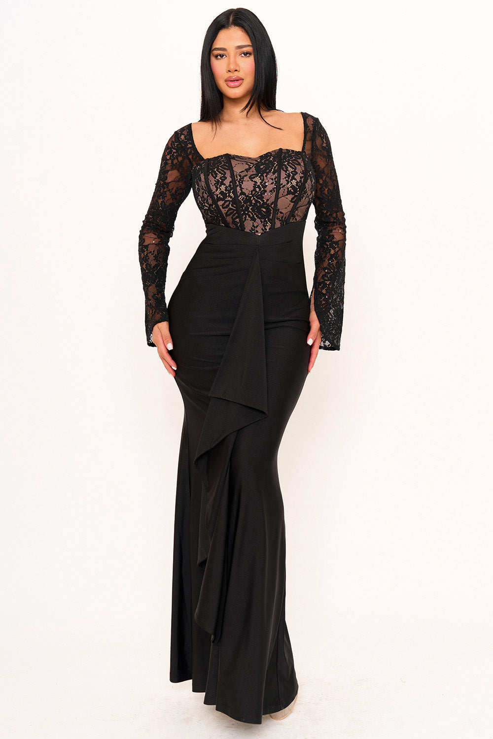 Satin And Lace Fabric Contrast Maxi Dress