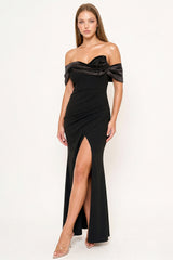 Symphony Dress - Rolled Up Flower Detail Off The Shoulder Maxi Dress