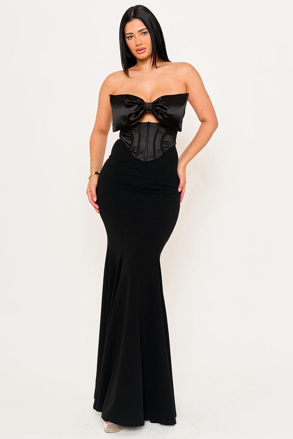 Satin Bow Bra Top With Contrast Fabric Maxi Dress