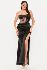 Satin With Mesh Paneled Maxi Dress