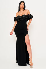 Satin Ruffle On Shoulder Maxi Dress