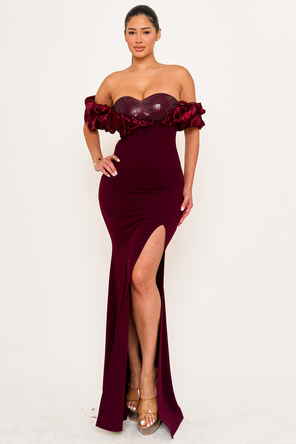 Satin Ruffle On Shoulder Maxi Dress