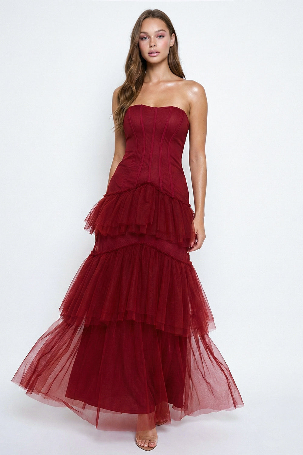 Layered Mesh Ruffled Mermaid Maxi Dress