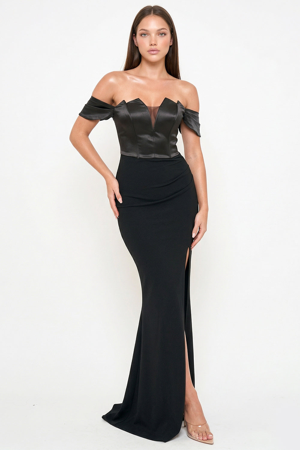 Satin Top With Overlay Mesh Maxi Dress