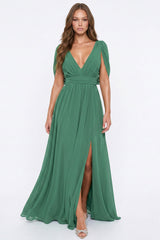 Chiffon Shirring Slit Open Sleeve Maxi Dress